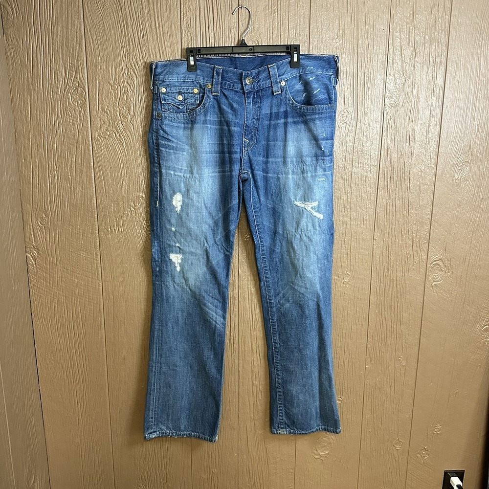 True Religion Jeans Men 38x34 Blue Denim Pants Flap Thrashed Distressed Straight